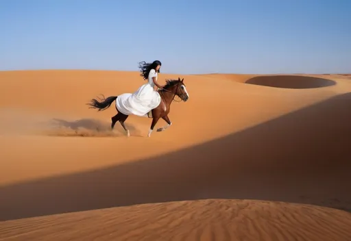 Prompt: "I want to create an image of a girl with long, curly black hair and a tan skin tone, wearing a white dress and a white veil covering her face. She is riding a brown horse with a red bridle, running lightly with sand flying around them in a desert with a well and wooden houses."
