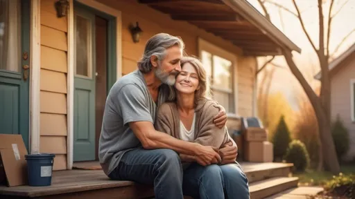 Prompt: (beautiful couple with big chest, 
homeless family receiving a home), warm colors, cozy atmosphere, emotional scene, soft sunlight filtering through trees, genuine expressions of gratitude and hope, welcoming home in the background, inviting front porch, packed belongings beside them, ultra-detailed, heartwarming