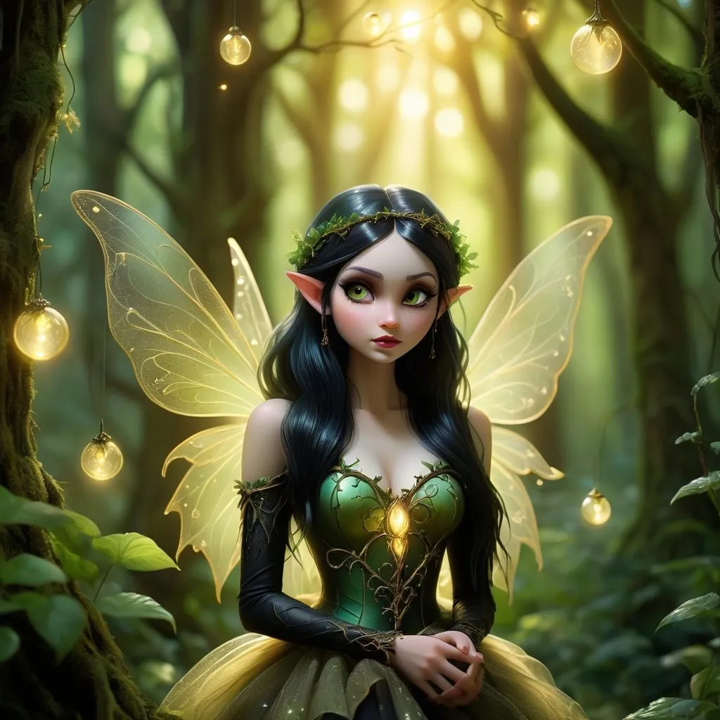 Prompt: Gothic Fairy in a mystical forest, (enchanting) sunlight filtering through dense trees, ethereal greens and soft golden hues, an air of mystery and tranquility, detailed fairy features, intricately designed, serene expression, lush foliage, soft glowing orbs, HD, ultra-detailed, magical ambiance, inviting atmosphere.