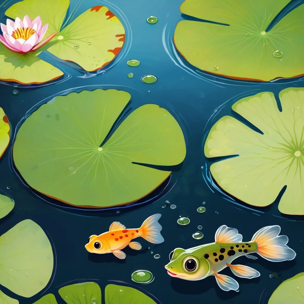 Prompt: A baby guppy and a tadpole under a Lilly pad in a pond