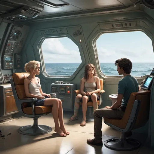 Prompt: * Setting: Interior of a spaceship, living area. A window shows the vastness of space.
* Characters: Max, a young man with messy hair, stands in the doorway. Julianna, an older woman with a stern expression, sits in a chair, holding a glass of bourbon and a vintage hard drive.
* Dialogue:
    * Max: "Damn these bots, they've chewed through my whole back!"
    * Julianna: "Don't bring them inside, let them swim in the sea."