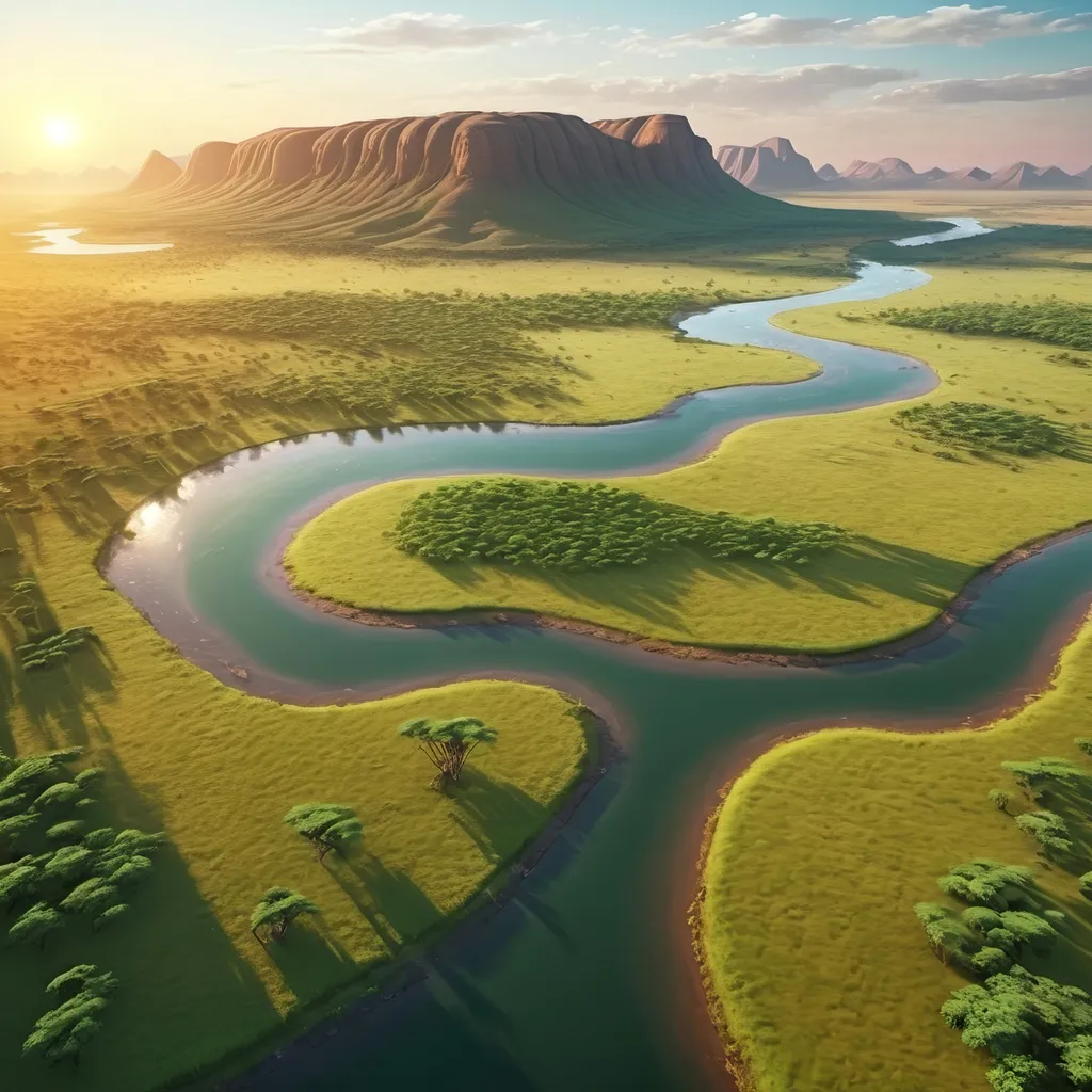 Prompt: Aerial shot of Lush green African savanna landscape, acacia trees, crystal-clear meandering river and mountains at sunrise, ultra realistic digital art