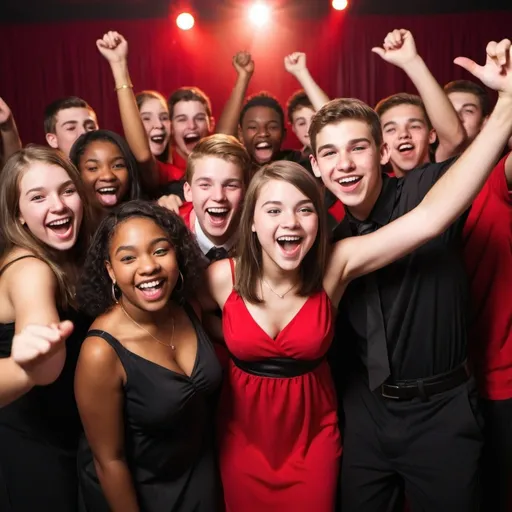 Prompt: show me senior level high school boys and girls of diverse races having fun at a graduation dance party with red and black colors in the background at night with spotlights.

