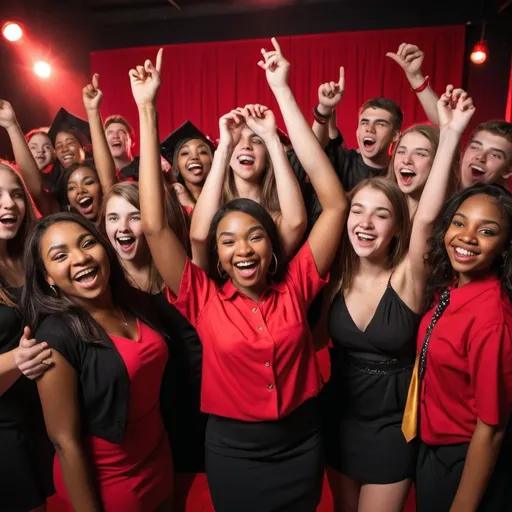 Prompt: show me senior level high school students of diverse races having fun at a graduation dance party with red and black colors in the background at night with spotlights.

