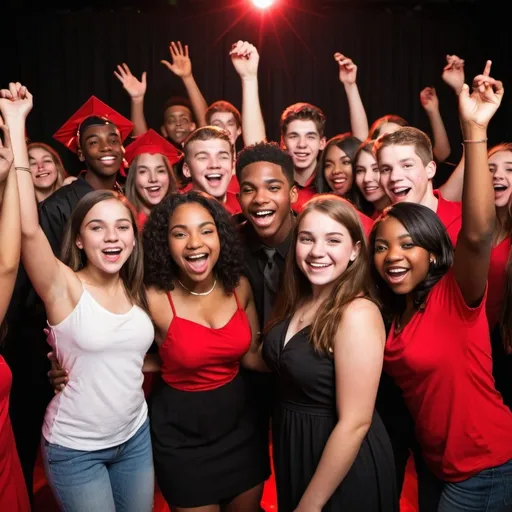 Prompt: show me senior level high school boys and girls of diverse races having fun at a graduation dance party with red and black colors in the background at night with spotlights.

