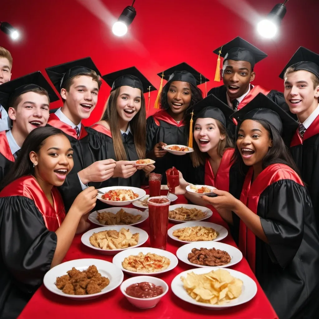 Prompt: show me senior level high school boys and girls of diverse races having fun at a graduation party eating food together with red and black colors in the background at night with spotlights.

