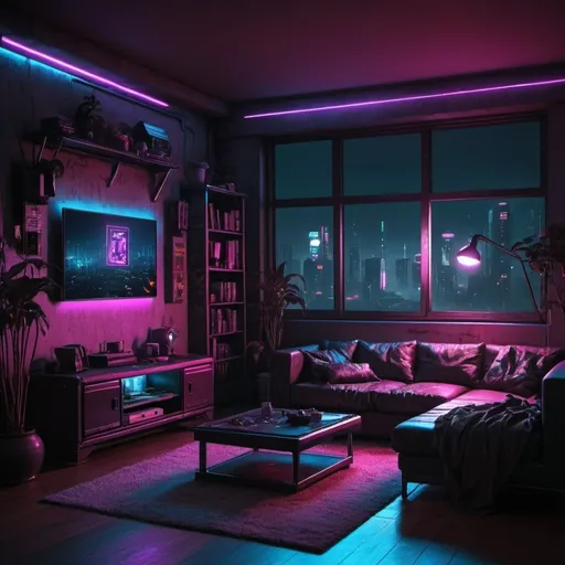 Prompt: cyberpunk living room at night