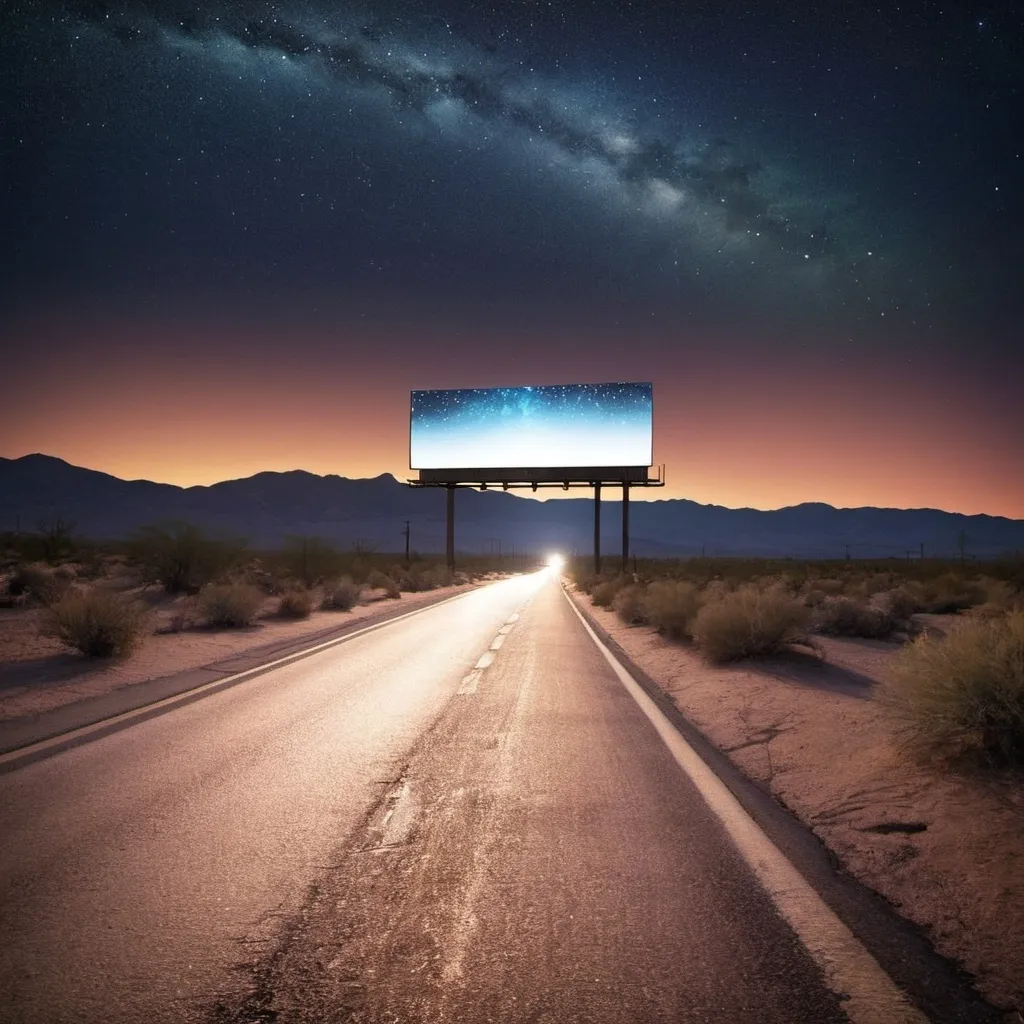 Prompt: scenic desert roadway with billboard reflecting night sky

