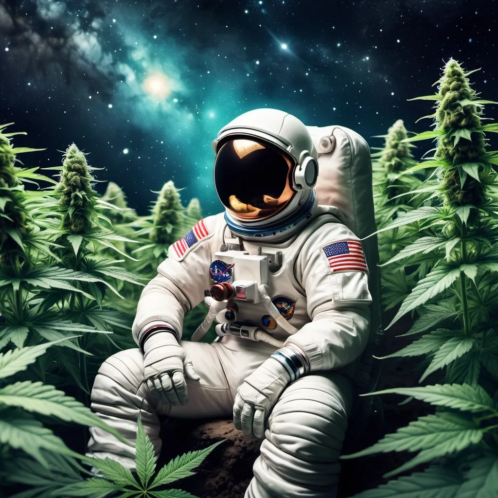 Prompt: Space background, stars, ultra-detailed, astronaut sitting in field of cannabis