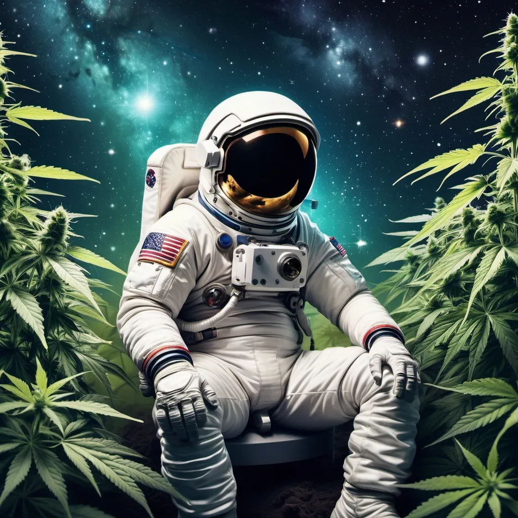 Prompt: Space background, stars, ultra-detailed, astronaut sitting in field of cannabis