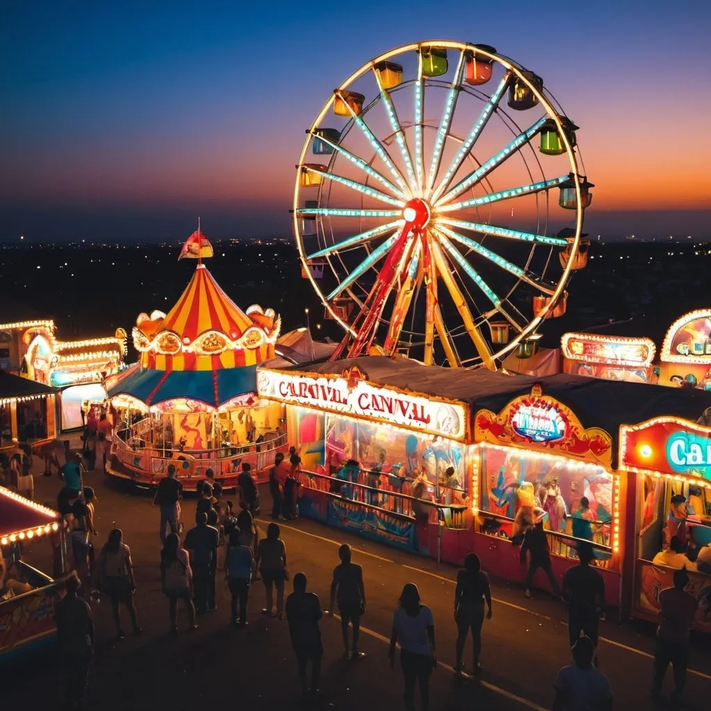 Prompt: colorful carnival at night with rides