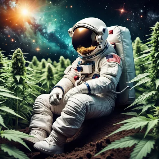 Prompt: Space background, stars, ultra-detailed, astronaut sitting in field of cannabis