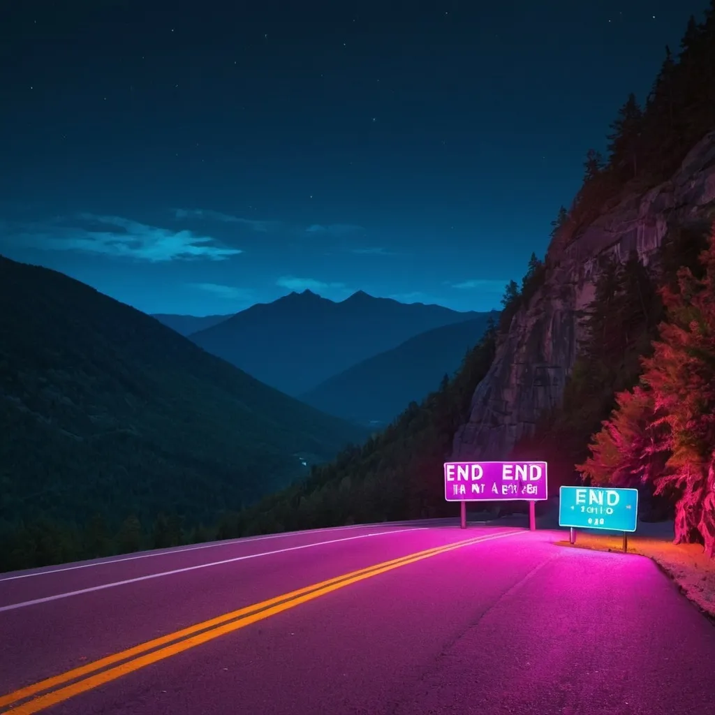 Prompt: scenic mountain roadway at night and sign saying the end in neon colors


