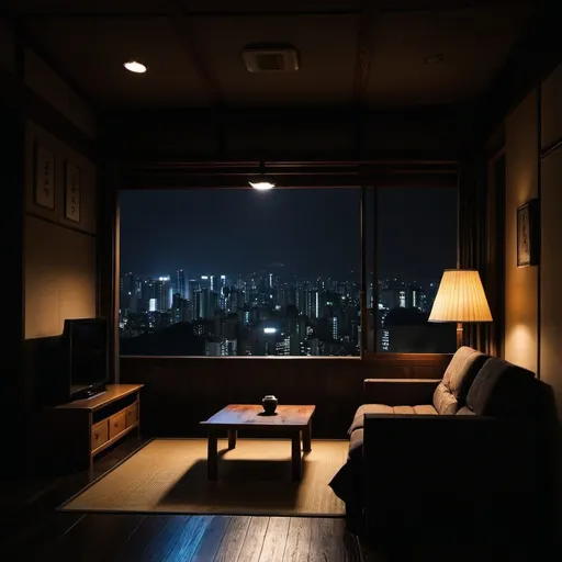 Prompt: dark living room at night japan