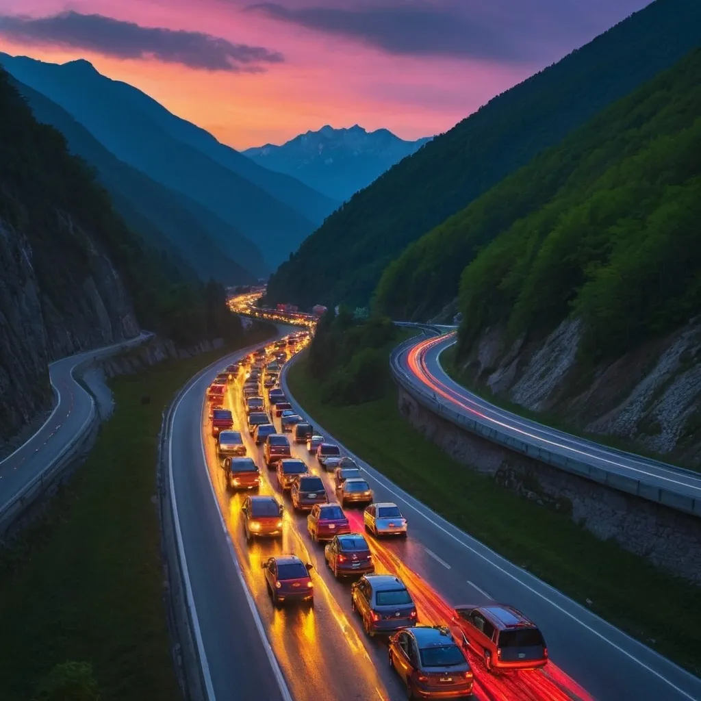 Prompt: colorful evening time mountain road traffic jam