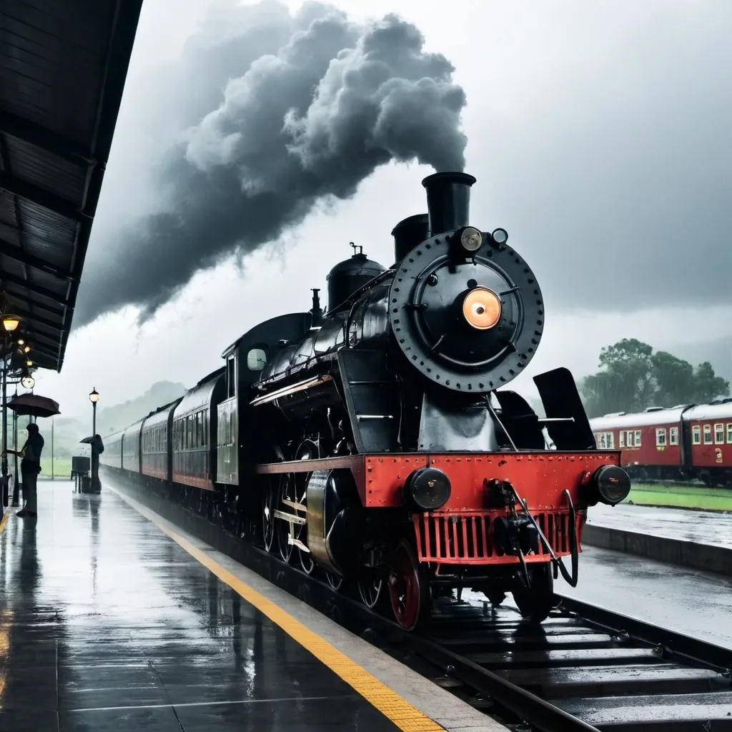 Prompt: steam trains station in heavy rainstorm