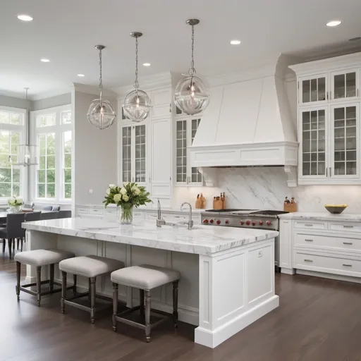 Prompt: Design a luxurious kitchen that is all white with the following specifications:


	•	Island: A large, rectangular island at the center of the kitchen with seating on one side. The island will feature a second stove top with a sleek, downdraft vent to maintain the open feel, and ample prep space. Beneath the stove top, install deep drawers for pots, pans, and utensils. On the other side of the island, there’s space for barstool seating, making it an ideal spot for casual dining or entertaining.
	•	Main Cooking Area: The Wolf range (60-inch model) should be positioned against a wall, framed by custom cabinetry. A powerful range hood, either stainless steel or a custom design to match the cabinetry, will be installed above the range. On either side of the range, there are countertops for prep work and custom drawers and cabinets for storage.
	•	Refrigeration and Wine Storage: The Sub-Zero refrigerator will be placed to the side of the main cooking area, with the Cove wine fridge adjacent to it. To create a visually cohesive look, these can be framed with matching custom cabinetry. Above the fridge and wine fridge, there will be cabinets