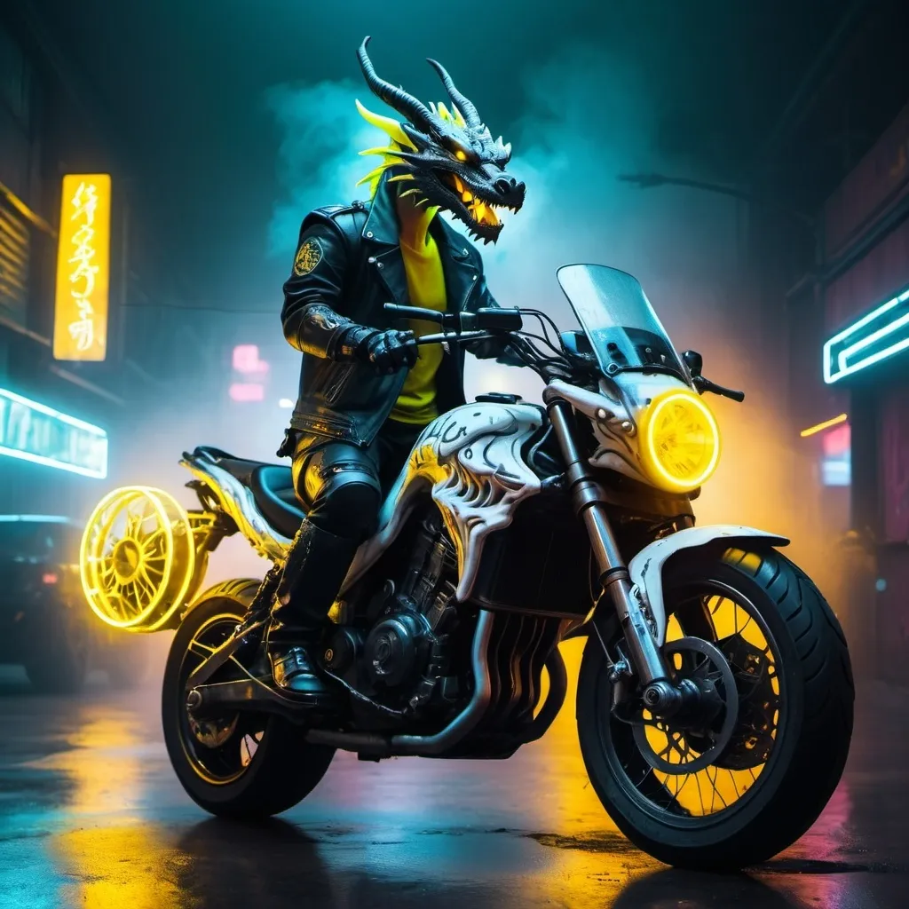 Prompt: dragon on motorbike cyberpunk with black, white and yellow neon lights fog