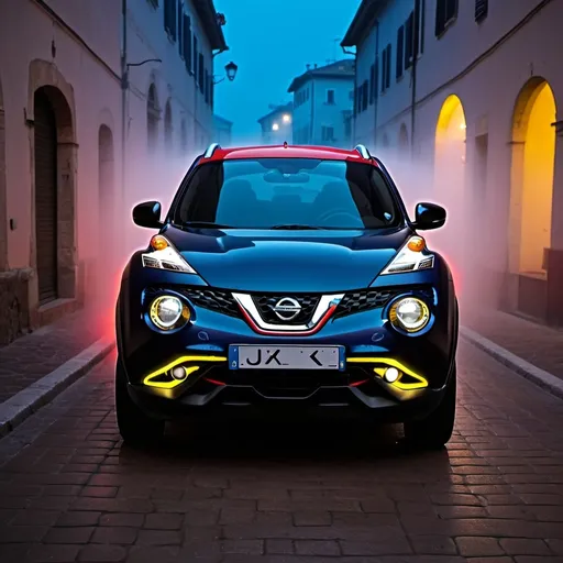 Prompt: nissan juke cyberpunk with blue, red and yellow neon lights fog in italy