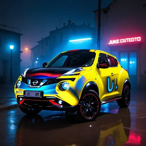 Prompt: nissan juke cyberpunk with blue, red and yellow neon lights fog in italy