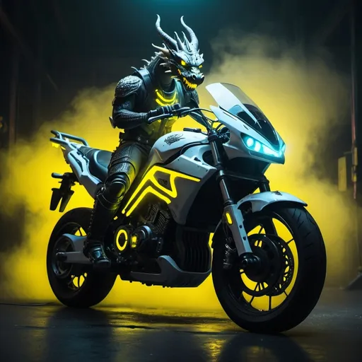 Prompt: dragon on motorbike cyberpunk with black, white and yellow neon lights fog