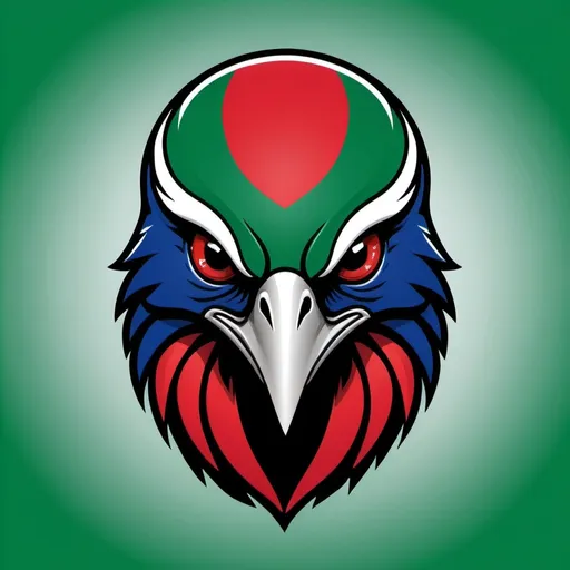 Prompt: (menacing bird logo), bold and fierce design, (vibrant colors green, red, and blue), featuring the flag of The Gambia prominently, suitable for American football branding, aggressive details, sleek shapes, high contrast for visibility, modern and professional aesthetics, ideal for sports gear, strong visual impact, ultra-detailed, eye-catching design suitable for helmets.