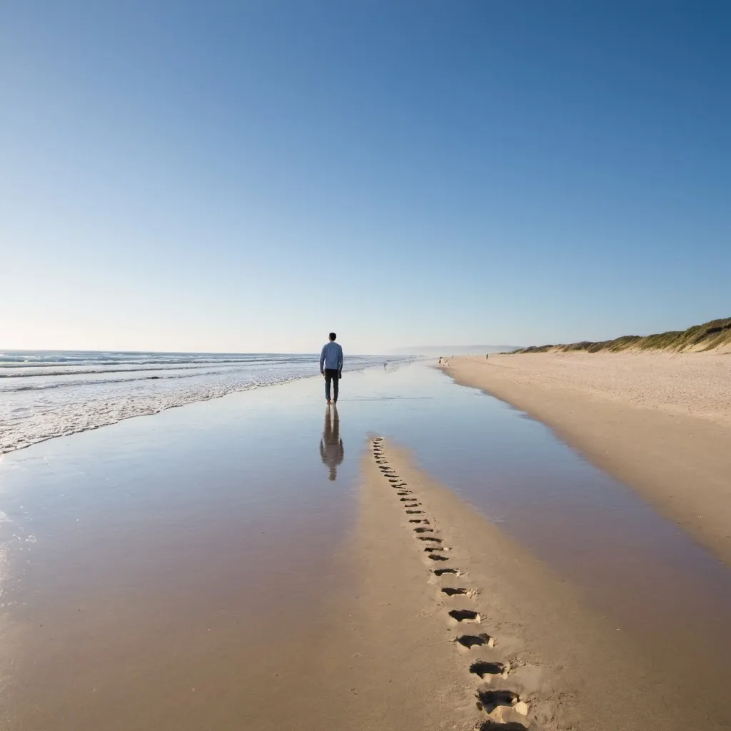 Prompt: An image of a guy standing at a distance at the beach with a blue sky the guy is far away starting the waves of the beach with sands at the edge and foot tracks  