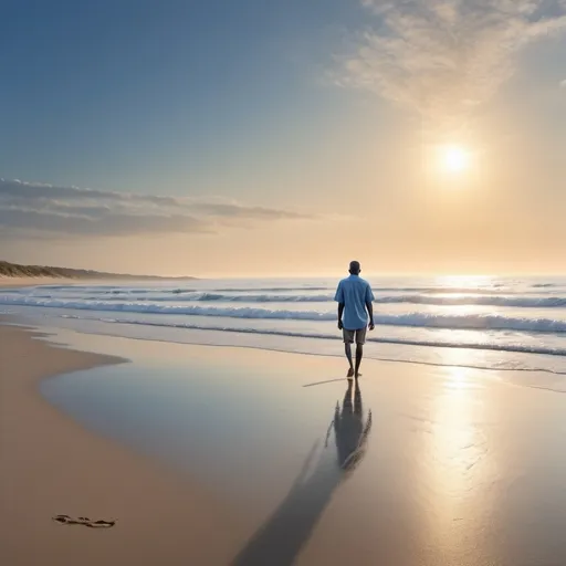 Prompt: (lone figure on a beach), vast ocean panorama, (young not too tall African male putting on baggy blue short sleeve jean shirt and baggy blue Jean short) gazing at the horizon, tranquil and serene atmosphere, sun rising with blue sky, gentle waves lapping at the shore, soft sandy textures, clear blue sky, foot trails on the sandy texture, high quality and ultra-detailed rendering, evoking feelings of solitude and reflection. Foot trails on the beach 