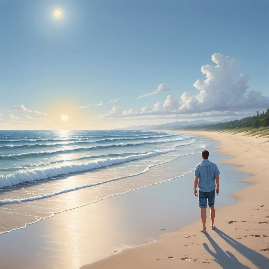 Prompt: A realistic beach scene in the early morning with a bright, low sun in the sky. The sky is clear and blue. A lone man is standing far away at the edge of the beach, facing the ocean waves. The man is wearing a blue short-sleeve jean shirt and blue jean shorts. His figure is small and distant, adding a sense of vastness to the scene. The sandy beach has visible footprints leading toward the water, and the atmosphere is calm and peaceful.