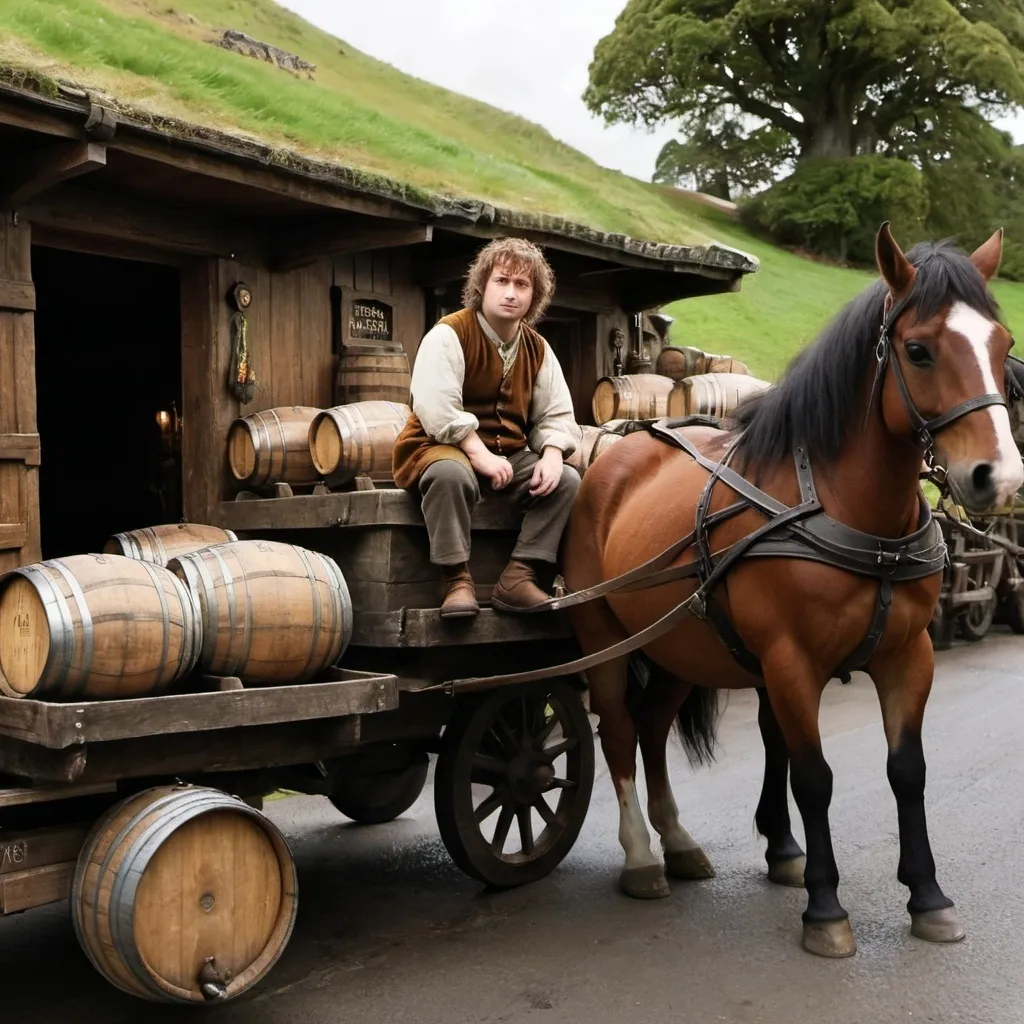 Prompt: a hobbit sits on a cart full of ale barrels pulled by a pair of small horses