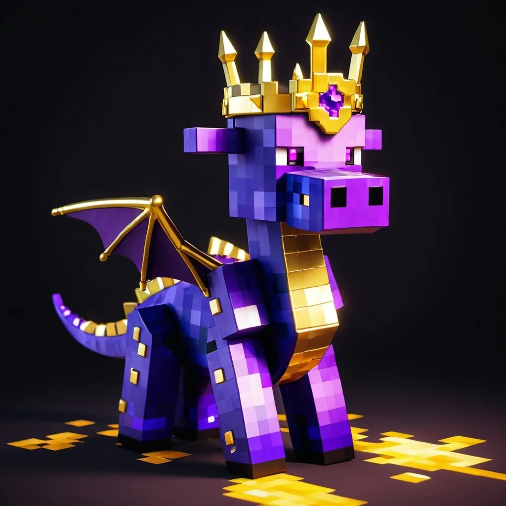 Prompt: purple minecraft ender dragon wearing a crown  with gold lightning