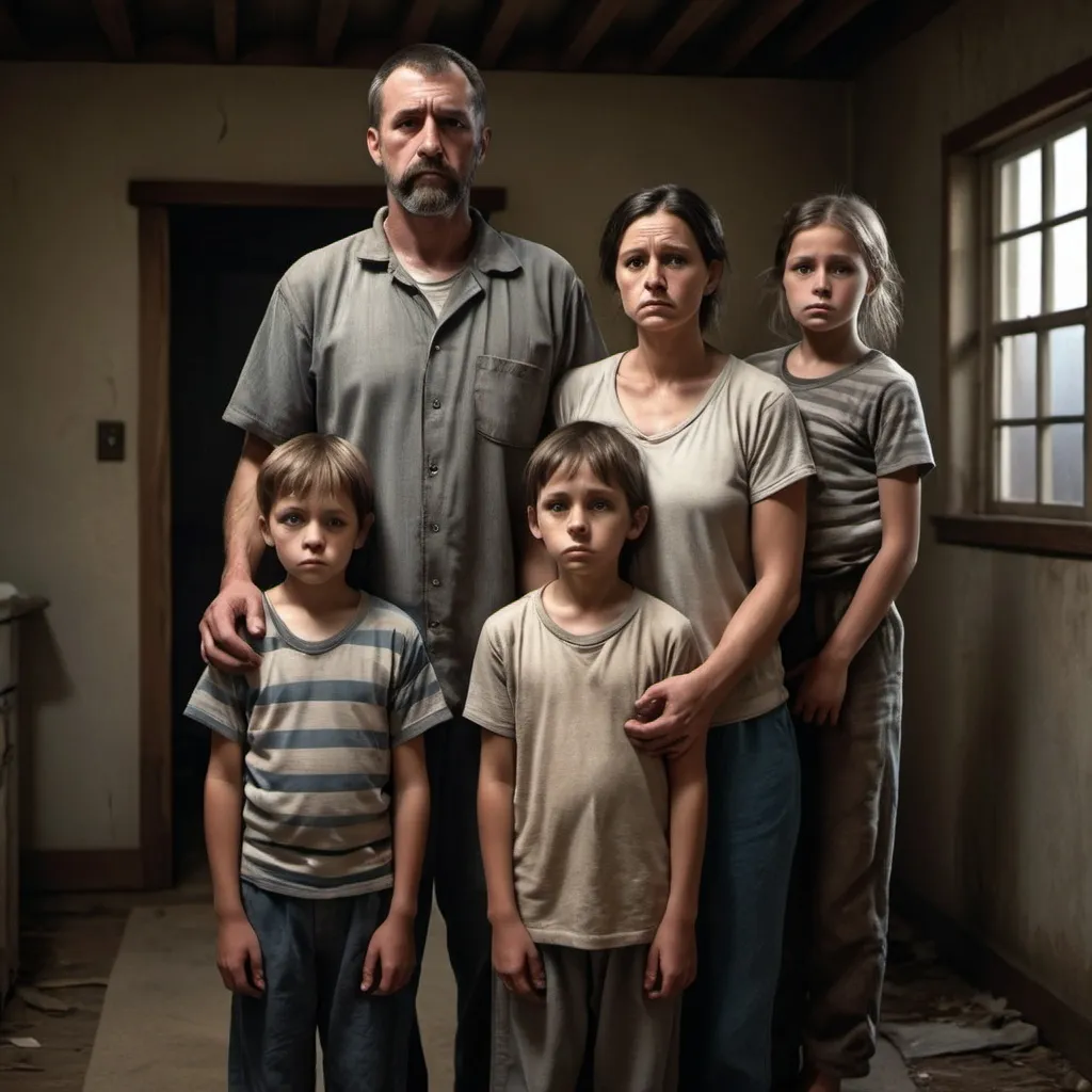 Prompt: caucasioan father, Mother, and two children looking sad standing in their home, prisoners, realistic