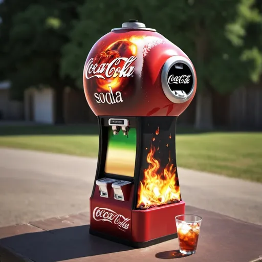 Prompt: Please make a fireball shooting soda machine in a Photo realistic