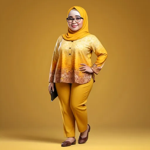 Prompt: Realistic 4D caricature of Indonesian Girls fat body agen 36 yo,wearing hijab yellow color ,wearing glasses,wearing batik long slevee shirt yellow color,formal trouser,loafer,sandang proudly,yellow gradient background 