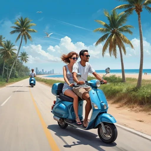 Prompt: a man and woman riding a scooter on a road with a beach in the background and a blue sky, Abidin Dino, rayonism, highly detailed digital painting, poster art