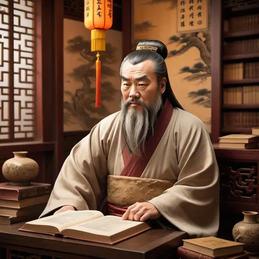 Prompt: 孔子 (Confucius), classical Chinese philosopher, background with (ancient Chinese architecture), harmonious atmosphere, elegantly dressed in (traditional robes), serene expression, surrounded by scrolls and books, muted earth tones, warm golden lighting, (highly detailed), captivating composition, gives an impression of wisdom and peace, reflects deep cultural significance.