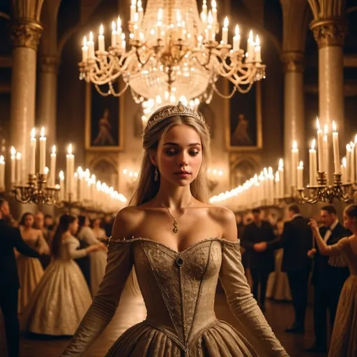 Prompt: rich and beautiful medieval princess dancing in her ballroom beneath huge chandeliers lit with thousands of candles. She looks stunning with the candle light embracing her face