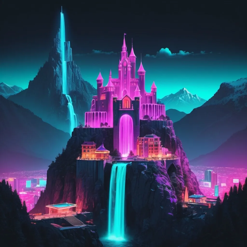 Prompt: castle on top of a mountain with a waterfall and modern neon town 