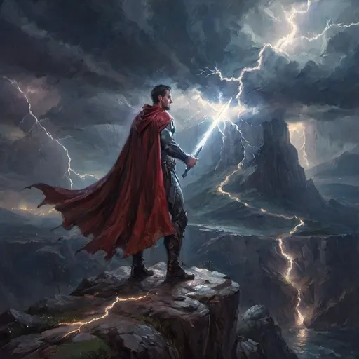 Prompt: a man in a cape and caped outfit standing on a cliff with lightning in the background and holding a sword, Daryush Shokof, fantasy art, epic fantasy character art, a digital painting