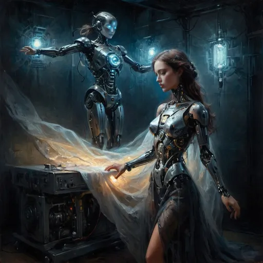 Prompt: (Robotic Cybernetic Woman), surrealism style, dark color scheme, gossamer dress, dramatic lighting with glow effect, radiant light behind her illuminating silhouette, intricate mechanical details, dreamlike atmosphere, crisp contrasts, high depth, ultra-detailed, mysterious and captivating vibe, ethereal presence, hauntingly beautiful, evocative imagery, enchanting subtleties in fabric texture, unsettling yet mesmerizing composition.