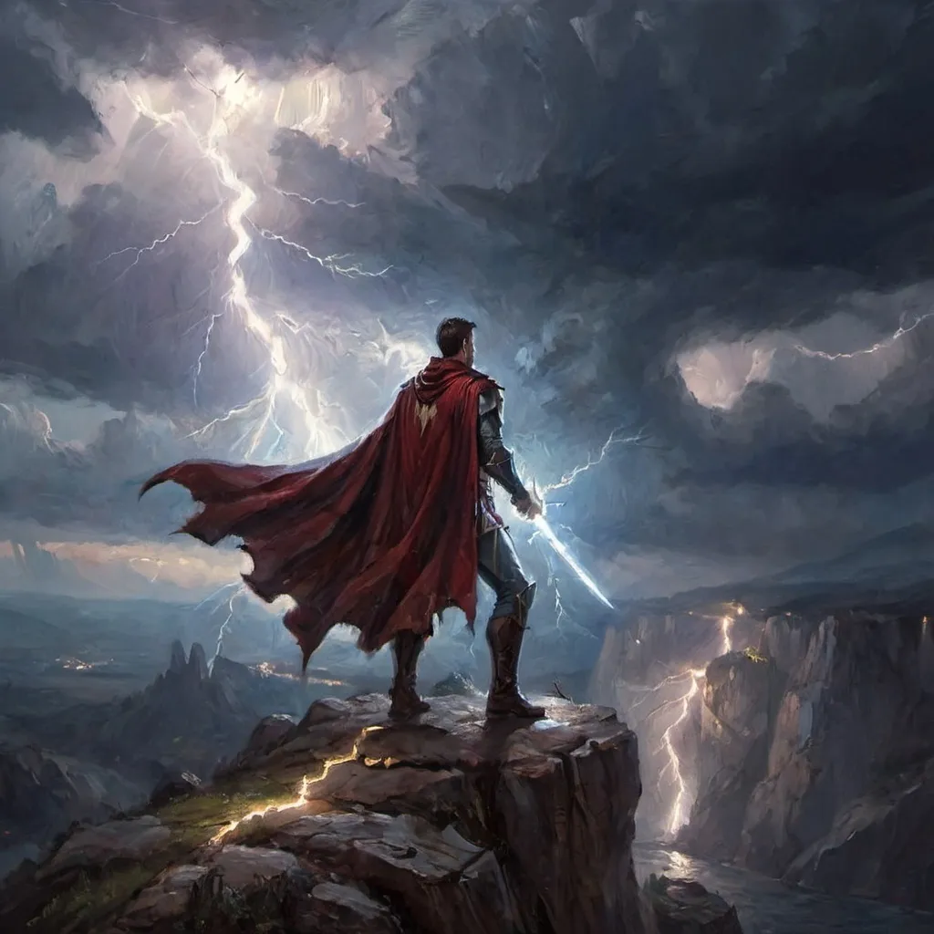 Prompt: a man in a cape and caped outfit standing on a cliff with lightning in the background and holding a sword, Daryush Shokof, fantasy art, epic fantasy character art, a digital painting