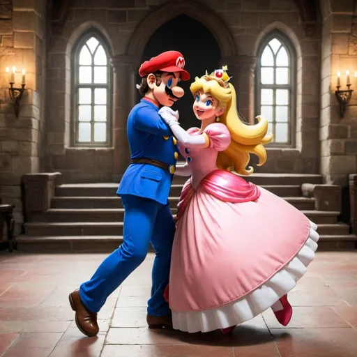 Prompt: princess peach in a castle dancing with mario