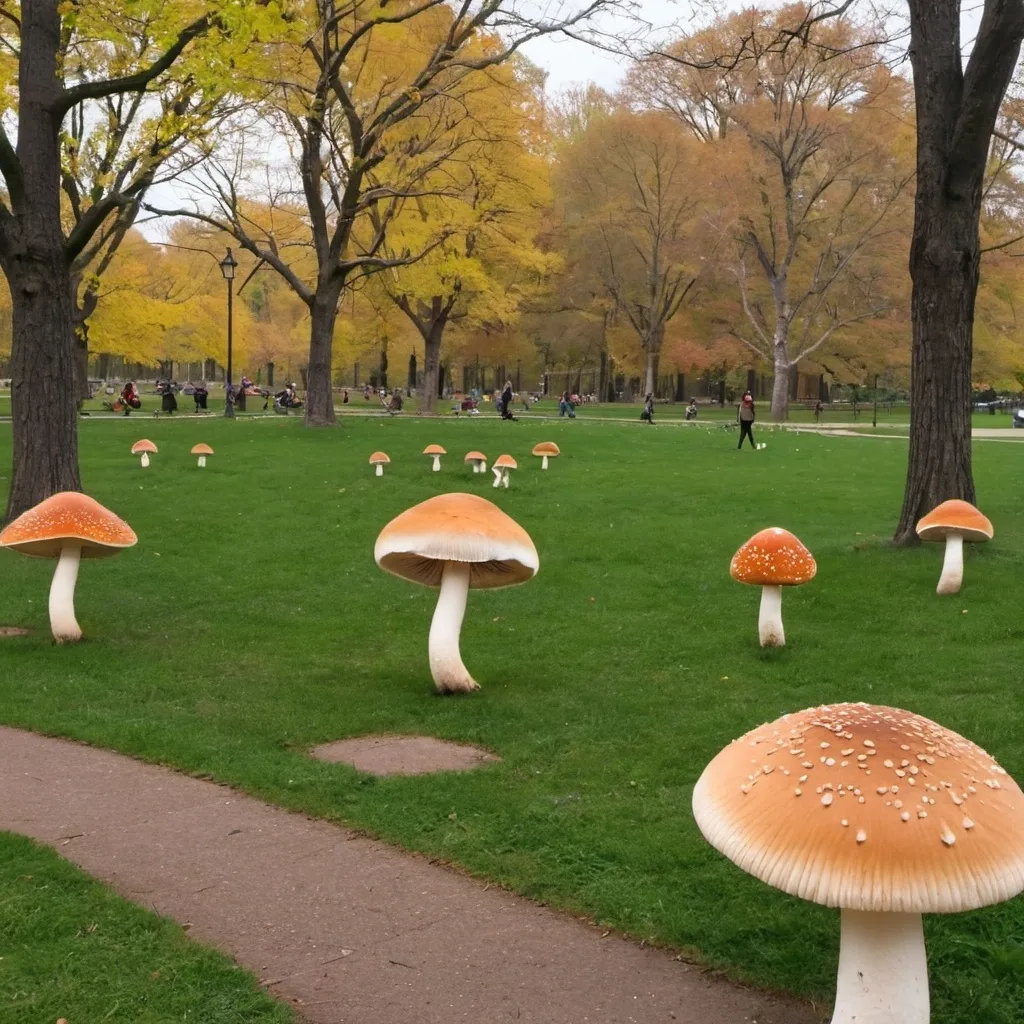 Prompt: a park and dancing with mushrooms and a bird pooping