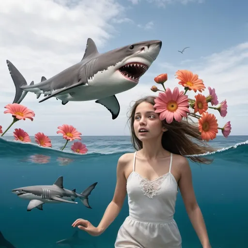 Prompt: flower escaping the ocean from sharks and a girl