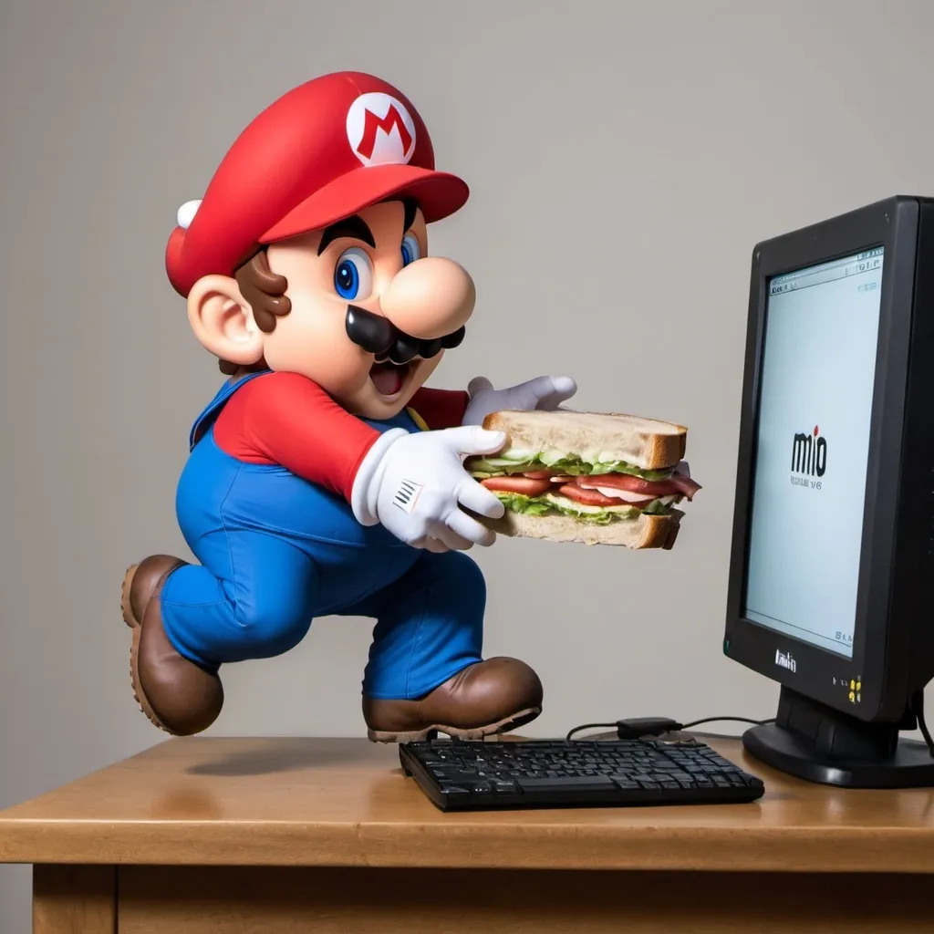 Prompt: mario jumping a computer eating a sandwhich