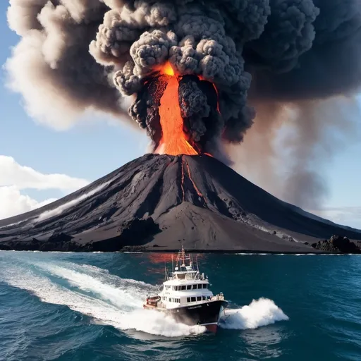 Prompt: volcano coming out of the ocean hitting a boat