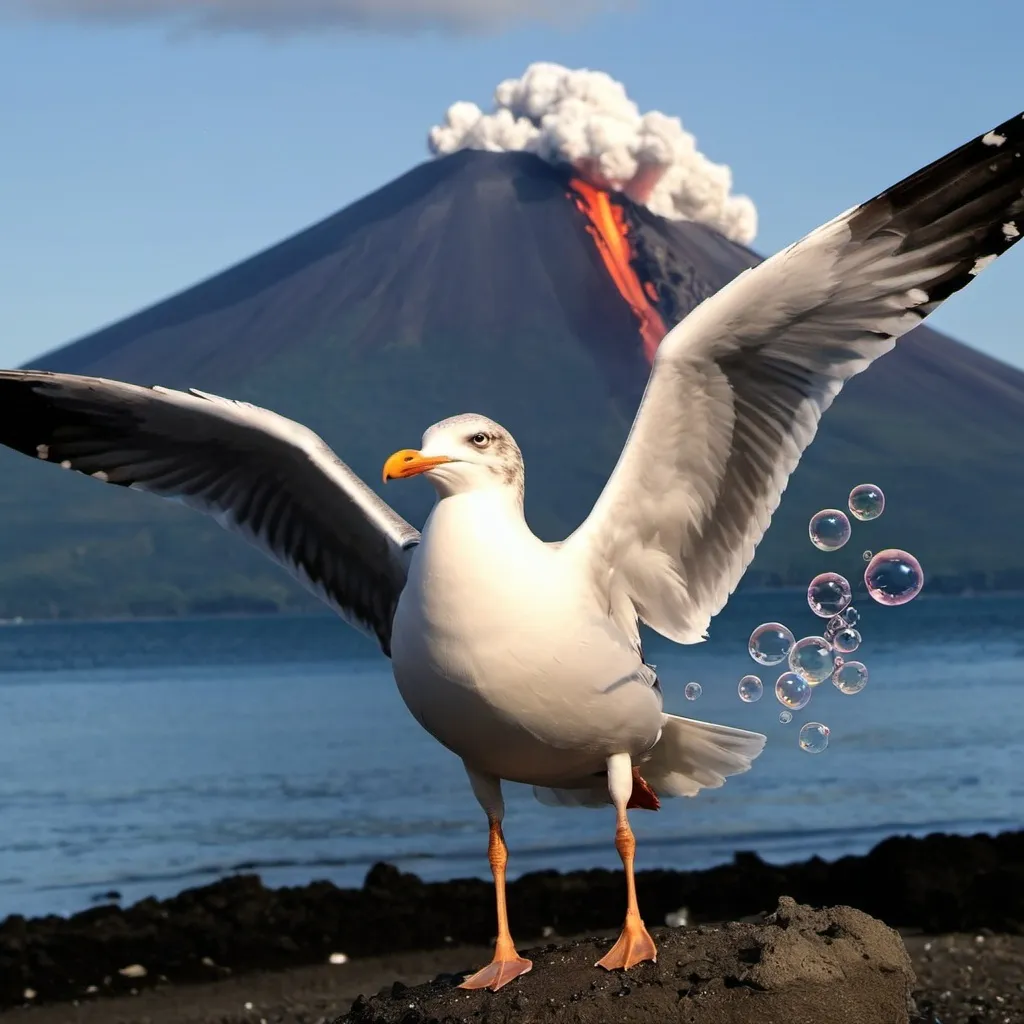 Prompt: seagull carrying a volcano burping bubbles pooping mushrooms