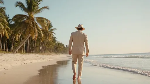 Prompt: a caucasian male is walking bare feet on a sandy beach, surrounded by palm tree. He is wearing a beige suit, a white shirt and a panama hat