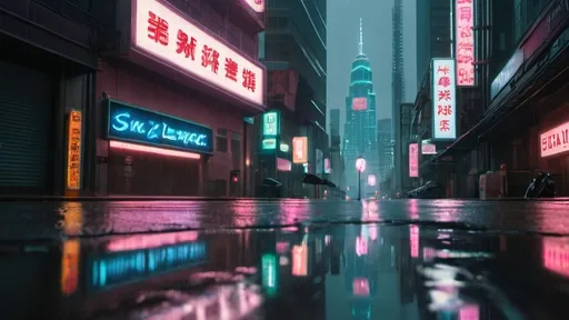 Prompt: A futuristic cityscape with towering skyscrapers looms in the distance. The streets are empty and the only light comes from the neon signs that illuminate the night. The rain is pouring down, creating shimmering reflections of the signs in the puddles below.