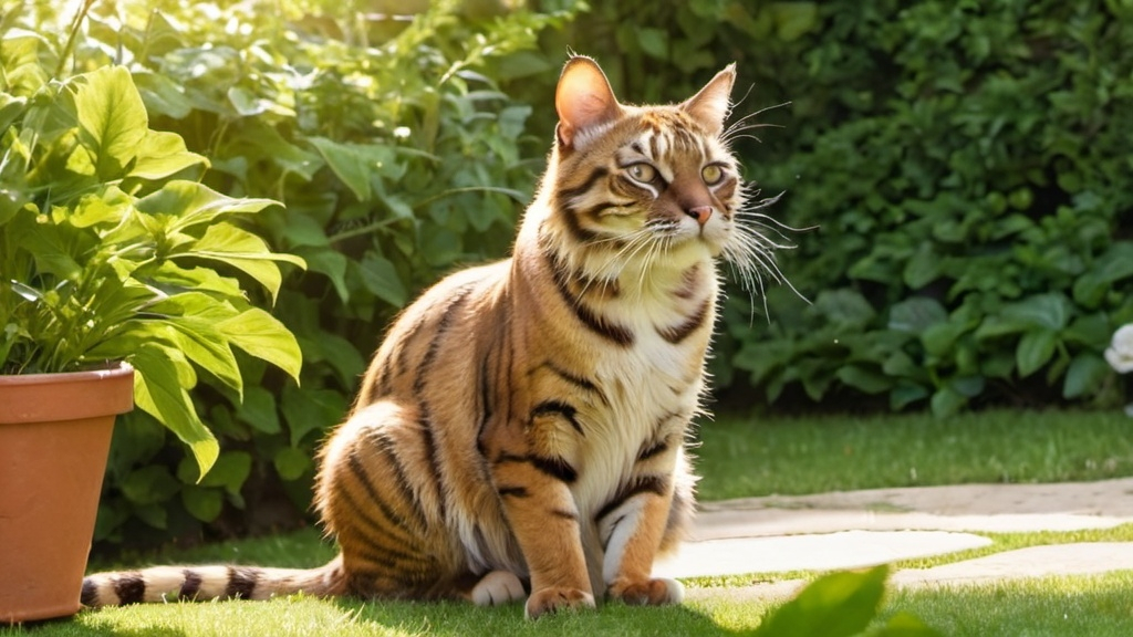 Prompt: A European tiger cat is sitting in a garden, licking its paw while staring at us. The garden is filled with lush greenery and the sun is shining brightly in the sky.